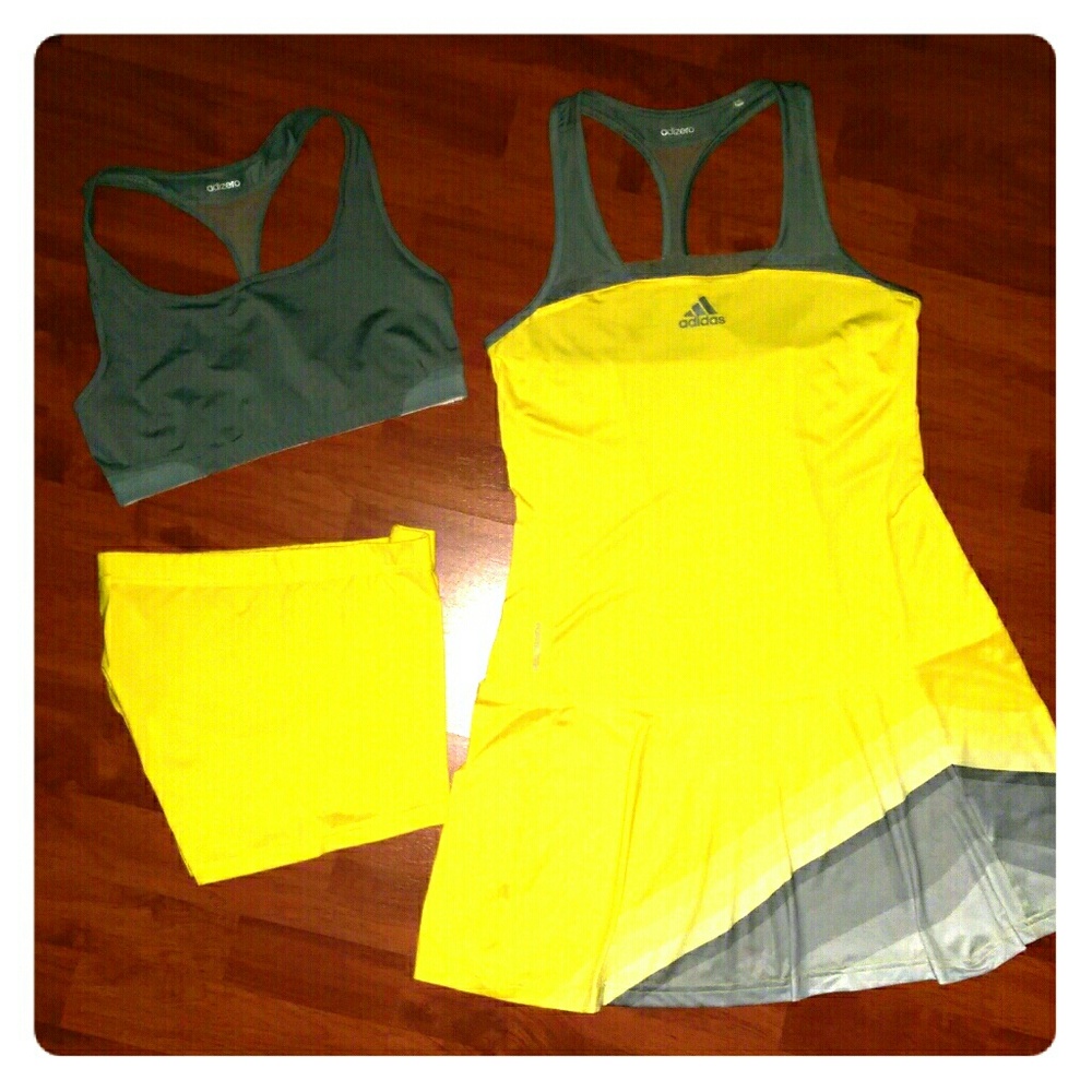 adidas Women's Yellow and Gray Tennis Dress with Matching Skirt and Sports Bra